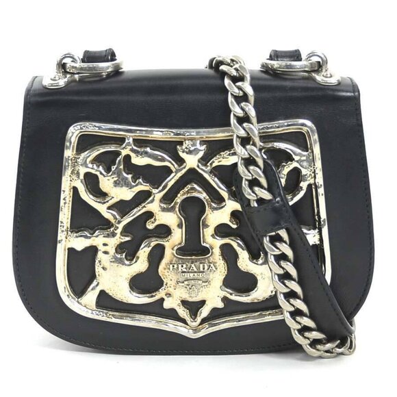 Auth PRADA Shoulder Bag Black/Silver Leather/Metal